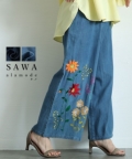 レディース 大人 上品 花を添えたインド手刺繍デニムワイドパンツ alwd-0223